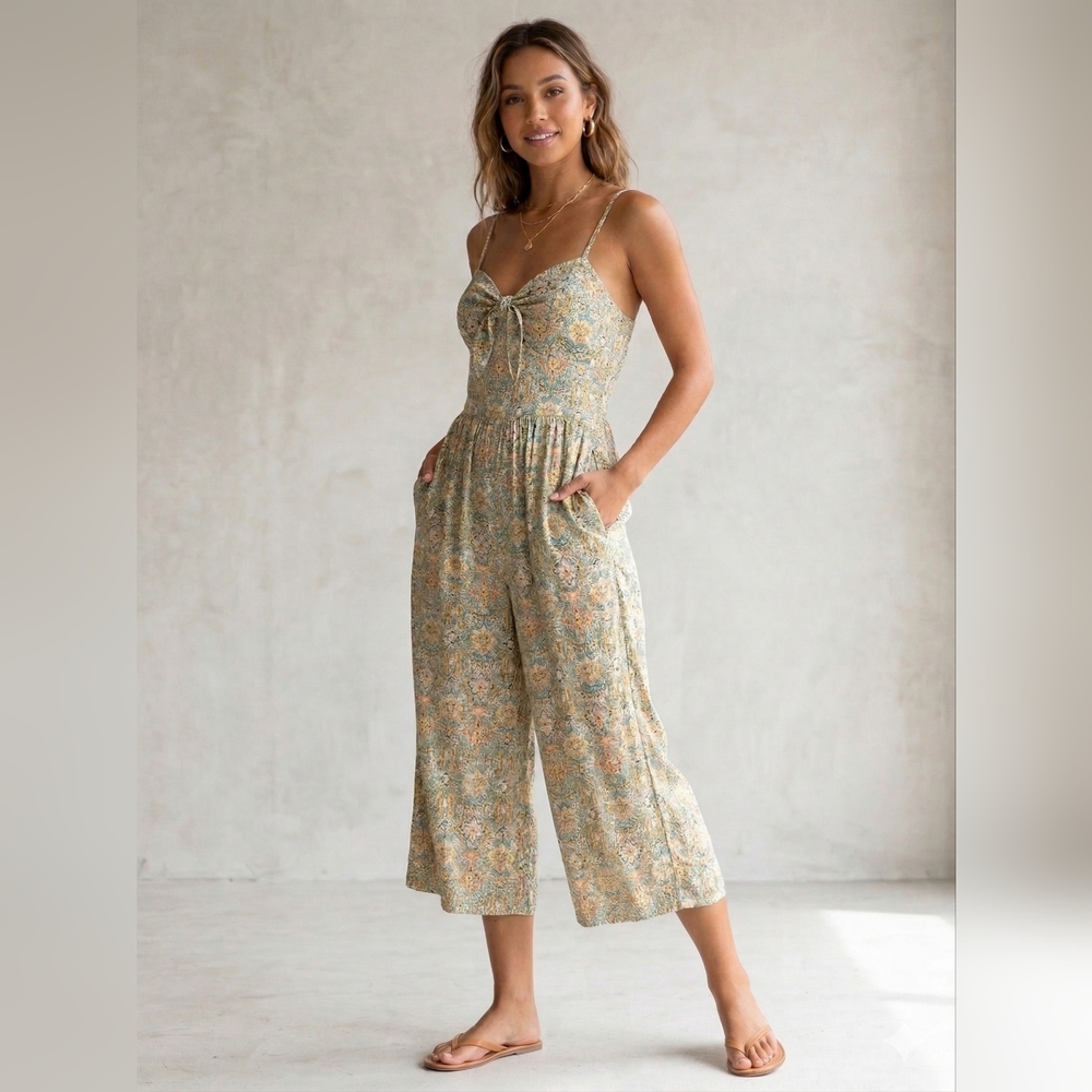 AUW Sage Floral Tie-Front Wide-Leg Jumpsuit with Spaghetti Straps